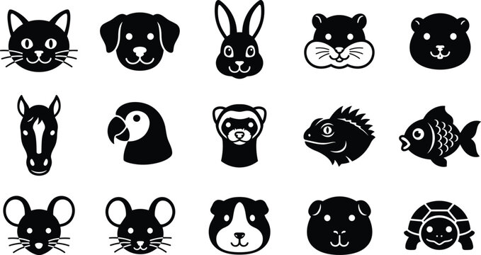 Cute Domestic Pet Head Silhouette Icon Set with Cat Dog Rabbit Hamster Horse Parrot Ferret Lizard Fish Mouse Guinea Pig and Turtle Avatars for Vet Logos