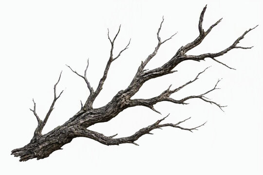Weathered Dry Dead Tree Branch Isolated on Pure White Background