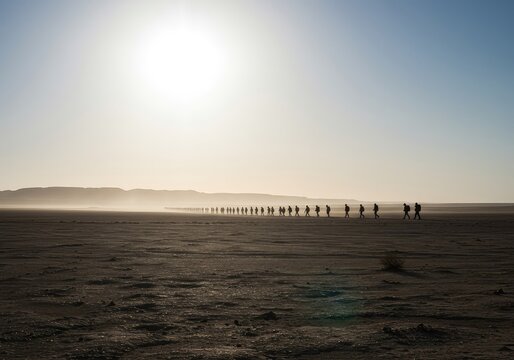 A long line of silhouettes moves slowly across the immense, arid landscape under the harsh midday sun, emphasizing the isolation and difficult journey ,silhouette ,crossing ,dune