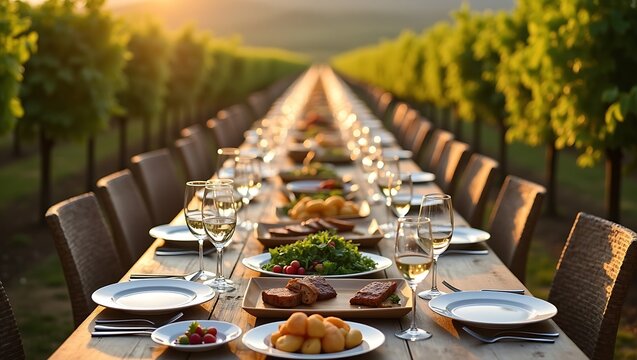 Long dining table set for a banquet in a scenic vineyard at sunset