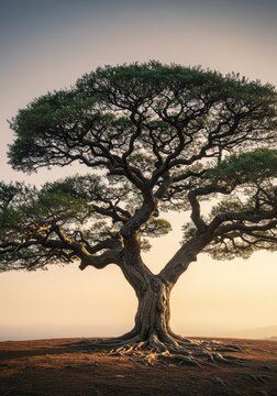 A majestic old oriental tree with twisted branches against a soft background, symbolizing peace and timeless tradition in nature ,landscape ,nature ,wallpaper