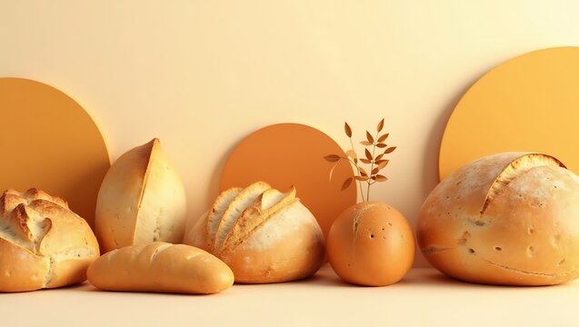 Assortment of fresh artisanal breads arranged on a warm minimalist background