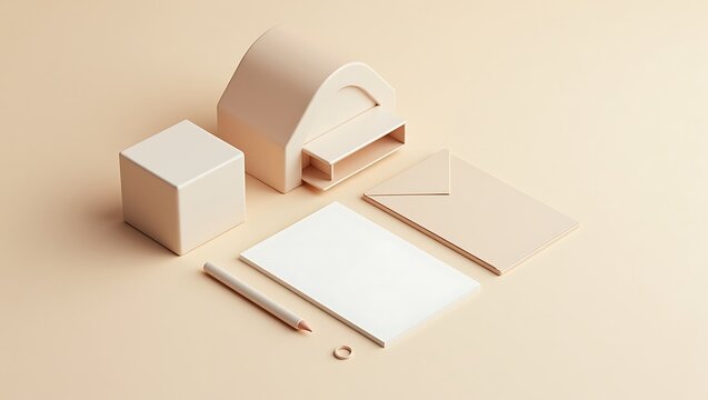 Minimalist 3d stationery mockup with architectural elements and accessories