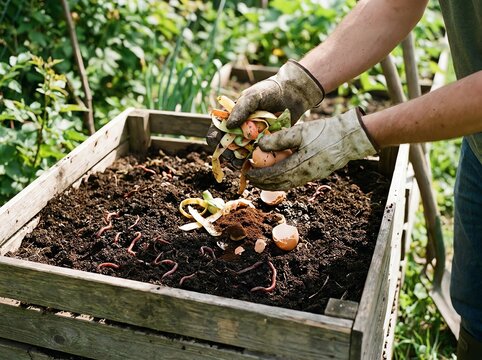 Hands in compost bin adding vegetable scraps and worms, promoting sustainable gardening and organic soil enrichment.