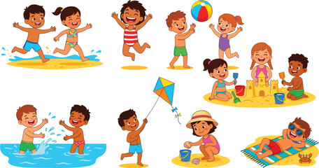 Cartoon Kids Summer Beach Activity Set Featuring Happy Children Running Jumping Splashing Water Building Sandcastles Flying Kites and Sunbathing Vector Designs