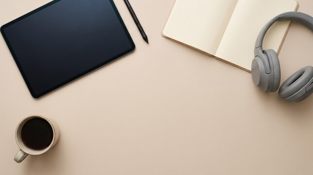 Productive creative workspace with digital tablet, stylus, blank notebook, headphones, and coffee mug on a minimal desk