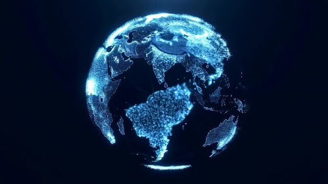 Rotating digital globe formed by glowing blue particles outlining continents on a dark background. Design backdrop with rotating, glowing light and layered depth.