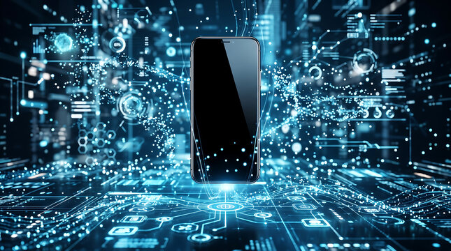 Smartphone with Digital Network and Technology Interface Background