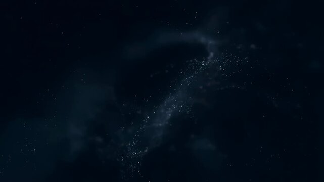 Dark background with drifting small glowing particles forming diffuse nebula-like cloud shapes. Glowing light adds depth and energy to the animated scene.
