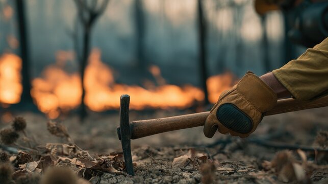 Firefighter using Pulaski tool to create firebreak during wildfire.