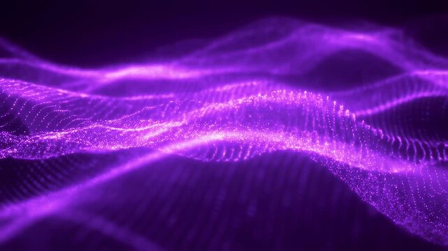 Glowing purple particles flow and ripple forming wave-like patterns on a dark background. Design backdrop with flowing movement, glowing light and layered depth.