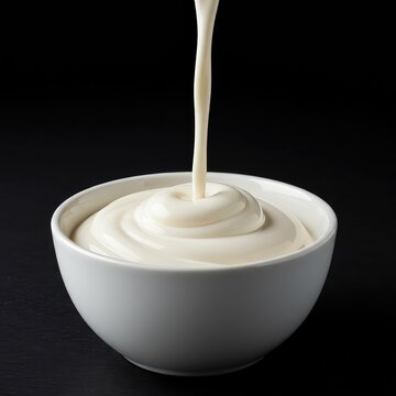 A rich swirl of heavy whipping cream poured slowly into a plain white ceramic bowl, showcasing its smooth texture and dense opacity ,organic ,liquid ,indulgence