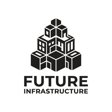 Future infrastructure building blocks isometric vector logo with isometric stack