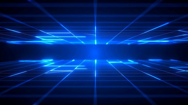 Glowing blue digital grid pulses and shifts forward in a dark space. Flowing visual background for technology presentations and digital products.