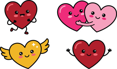 Fototapeta premium Cute Cartoon Heart Character Set Featuring Happy Red Pink and Gold Hearts Running Hugging and Flying for Valentine Day Graphic Sticker Designs