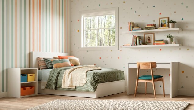 Cozy Bedroom with Striped Wallpaper and Modern Furniture.