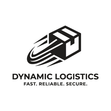 Dynamic logistics delivery box logo vector illustration with speed motion lines