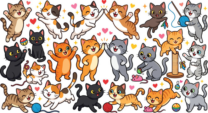 Cute Cartoon Kitten Character Set Featuring Playful Cats Playing with Yarn Balls Mice Toys Scratching Posts and Hearts Elements for Graphic Design Stickers