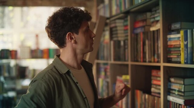 Thoughtful young man chooses book from library shelf, enjoying reading hobby