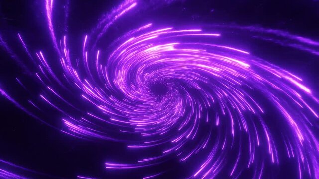 Purple glowing particles rotate and spiral inward forming a luminous vortex on a dark background. Animated backdrop combines glowing light with visible depth.