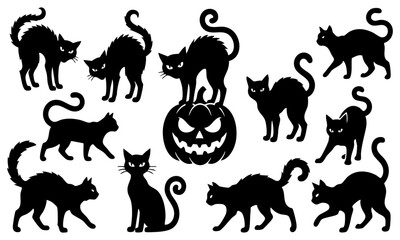 Obraz premium Set of black cats and a spooky pumpkin lantern for halloween party decorations and designs