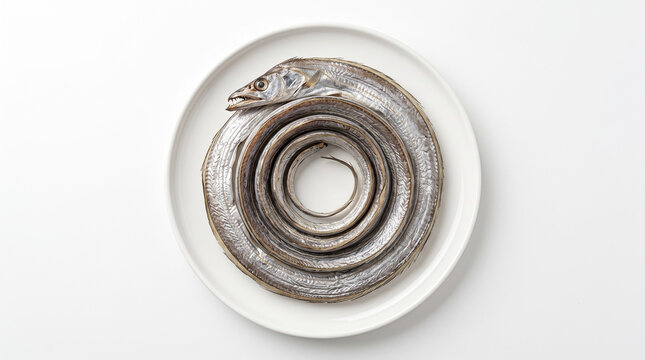 Coiled dried ribbonfish on white plate isolated on white background