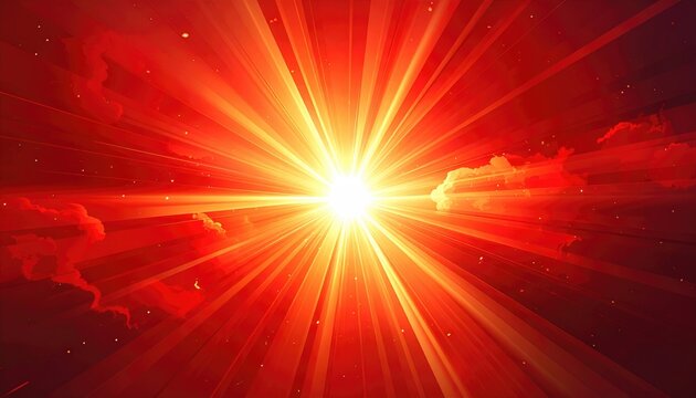 Radiant abstract artwork. Depicts a bright, central light source with emanating rays against a fiery, reddish-orange gradient background. Hints of clouds