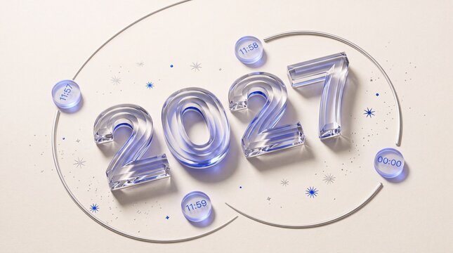 Transparent glass three dimensional 2027 numerals surrounded by floating circular clock timers with 2027 arranged light