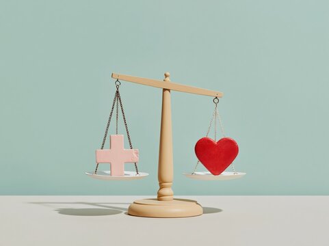 Antique balance scale weighing a health symbol and a red heart, featuring a weathered patina and soft lighting for medical ethics and healthcare policy editorials