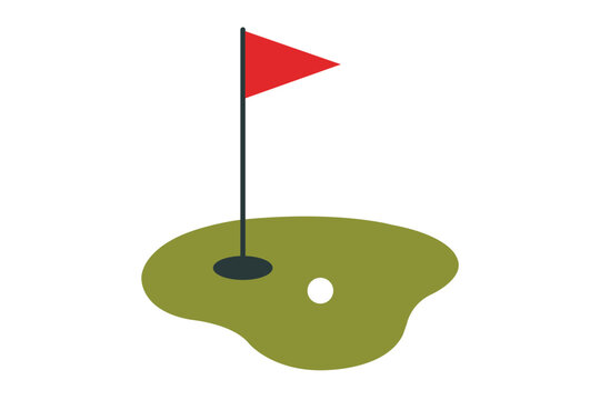 Golf course hole putting green with red flag and ball vector illustration, flat isolated white background template with olive green grass patch flagstick and golf ball