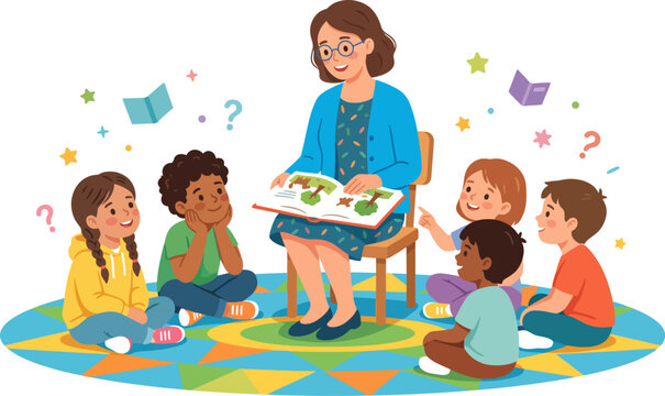 Teacher reading to happy children on colorful rug