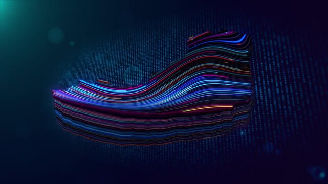 Futuristic motion graphic video revealing a colorful extruded 3D map of Hungary composed of wavy neon lines over a blue particle grid background.