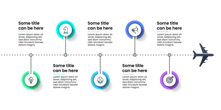 Infographic template. Airplane with line and 5 points