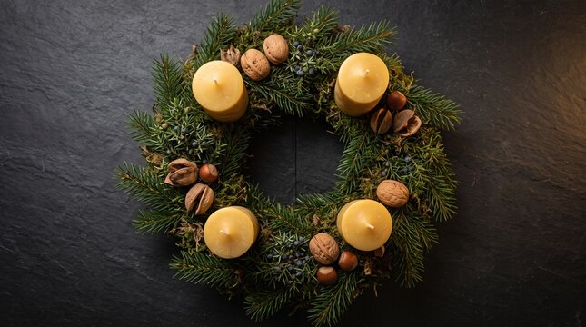 Festive evergreen wreath decorated with four beeswax candles and natural nuts rests on a black slate surface Christmas Advent