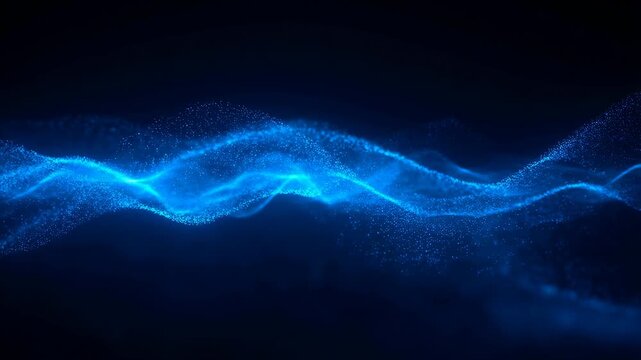 Blue glowing particle waves flow and pulse horizontally across a dark digital space background. Layered blue and black tones enhance movement and depth.