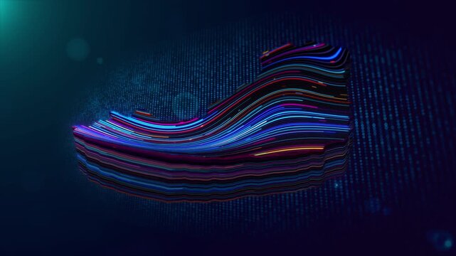 Animated motion graphic featuring a 3D glowing Hungary map revealing on a blue particle grid screen with luminous text overlay and dynamic light effects.