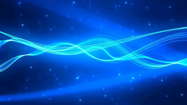 Blue glowing wave lines flow and intertwine with drifting small particles on a dark blue gradient background. Animated scene combines curved lines and small glowing particles with light.