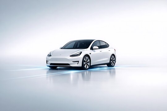 White tesla model 3 electric car isolated on white background