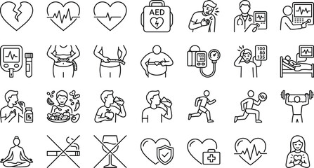 Fototapeta premium Heart Health and Cardiovascular Disease Prevention Line Icon Set Featuring Chest Pain Heartbeat Glucometer Hypertension Medication Workout and Healthy Diet Symbols