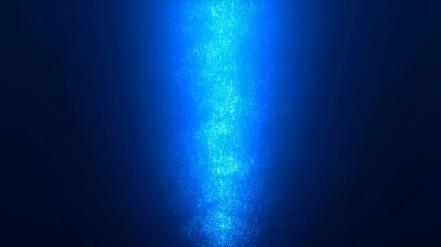 Vertical column of blue glowing particles flows upward against a dark background. Layered composition brings together blue glowing particle column and flowing motion.