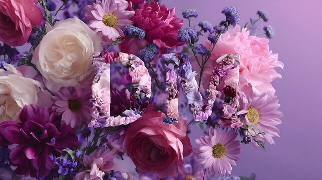 Elegant Bouquet of Pink and White Flowers with Blooming Roses and Lilac Blossoms, Romantic Floral Arrangement for Wedding, Spring, Garden and Nature Beauty Concept