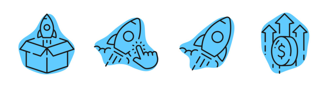 Rocket launch icons depicting startup growth and product launch. Editable stroke