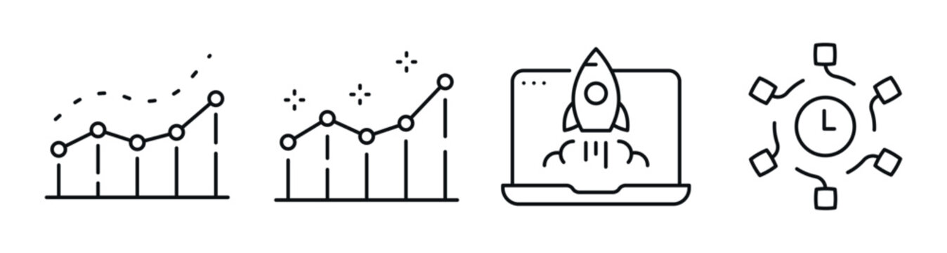 Data charts and rocket launch icons showing growth on white background. Editable stroke