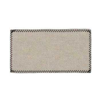 Plain rectangular textile tag made of natural linen, black zigzag stitching around the perimeter, transparent background, high-detail fabric weave, clean and simple appearance.
