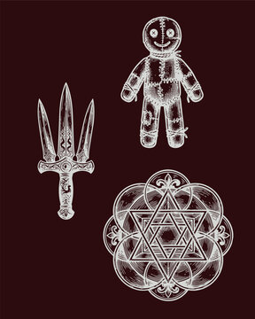 esoteric witchcraft items halloween icons set, cloth effigy, mystical symbol and crossroads ritual blade, rustic illustration style