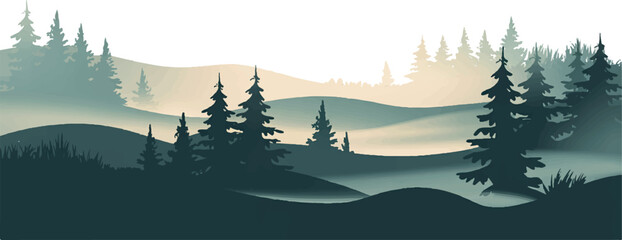 Fototapeta premium Serene forest landscape with misty hills and silhouetted trees