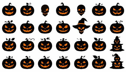Fototapeta premium Halloween Pumpkin Set with Spooky Cartoon Jack-o-Lanterns, Bats, Ghosts, Witches, Cats and Skulls, Autumn Holiday Vector Illustration Collection