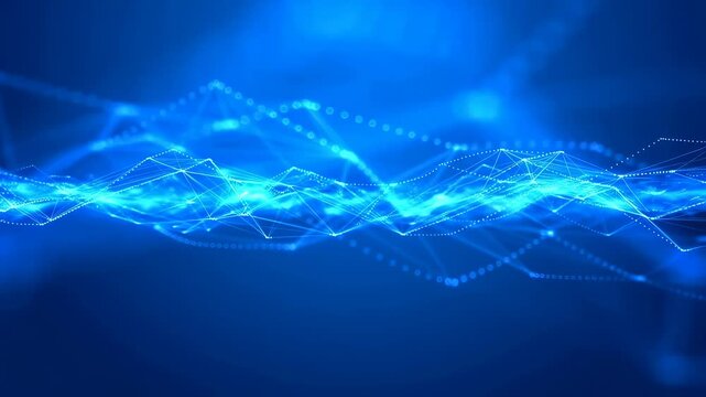 Abstract blue digital wave composed of glowing connected points and lines undulates across the screen. Animated texture shows points and lines with flowing movement.