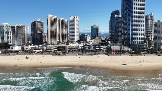 Surfers Paradise drone flight along the beachfront skyline and coastline, Gold Coast, Queensland Australia