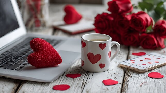 Romantic Coffee and Red Rose on Laptop Keyboard for Valentine&rsquo;s Day, Love, Wedding, Anniversary, Celebration and Cozy Lifestyle Concept
